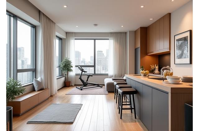 Modern 300 sq ft studio apartment with a neatly integrated compact gym area